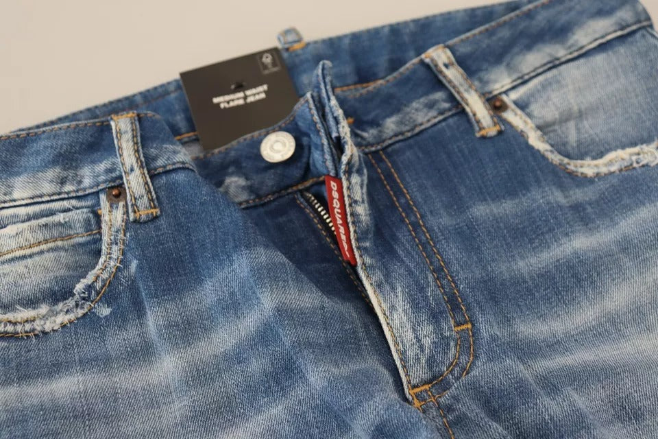 - Blue Washed Cotton Mid Waist Flared Denim Jeans
