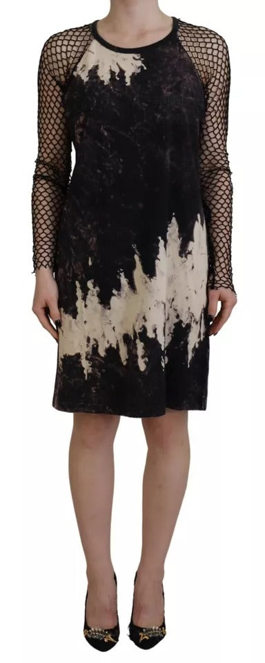 - Black Tie Dye Mesh Long Sleeves Cotton Shift Dress