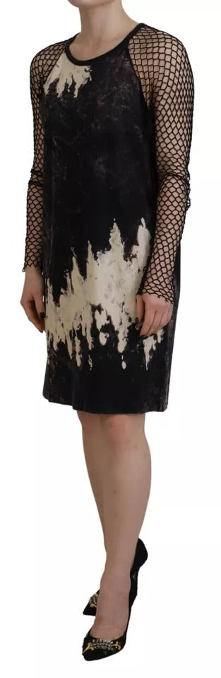 - Black Tie Dye Mesh Long Sleeves Cotton Shift Dress