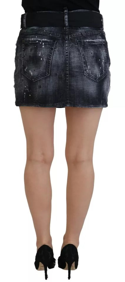 - Black Distressed Mid Waist A-line Denim Mini Skirt