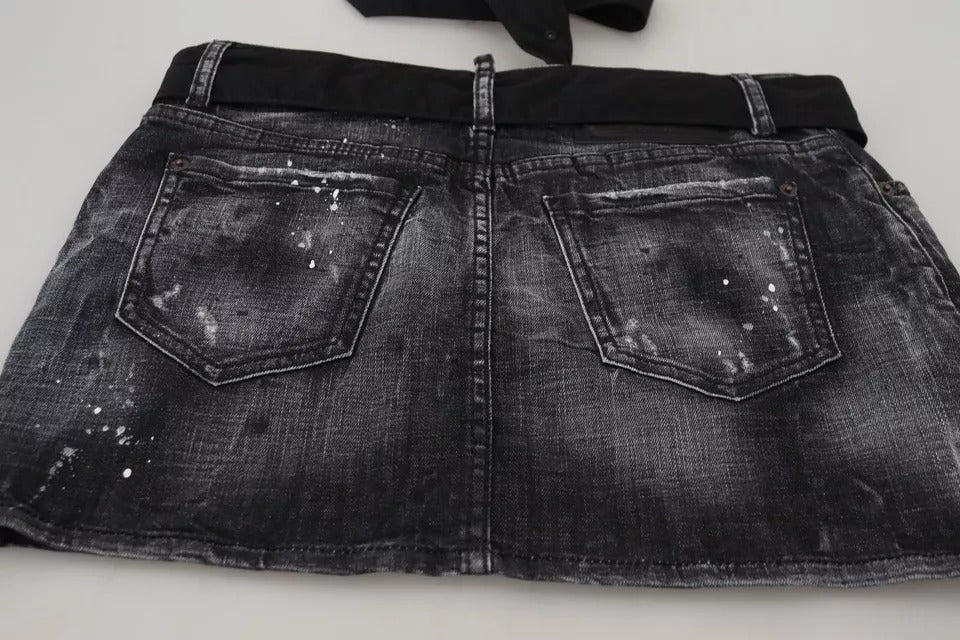 - Black Distressed Mid Waist A-line Denim Mini Skirt