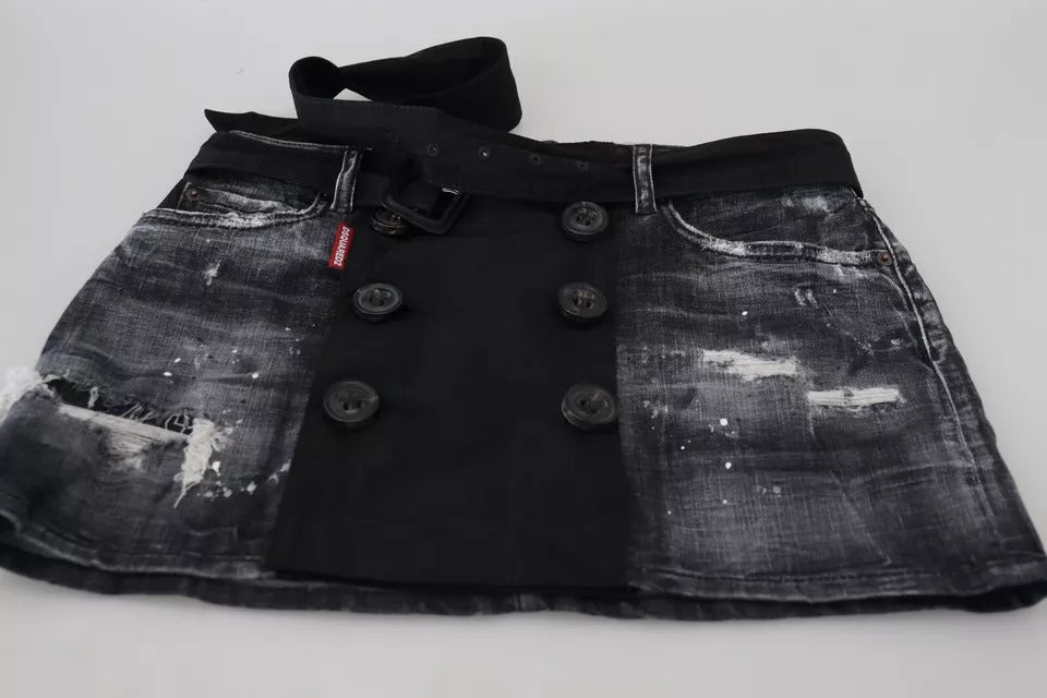 - Black Distressed Mid Waist A-line Denim Mini Skirt