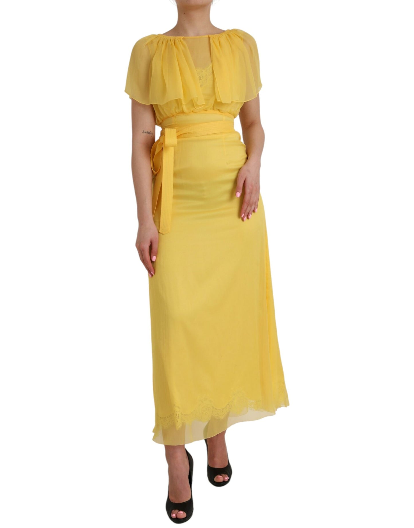 - Yellow Silk Sheath Belted Long Maxi Dress