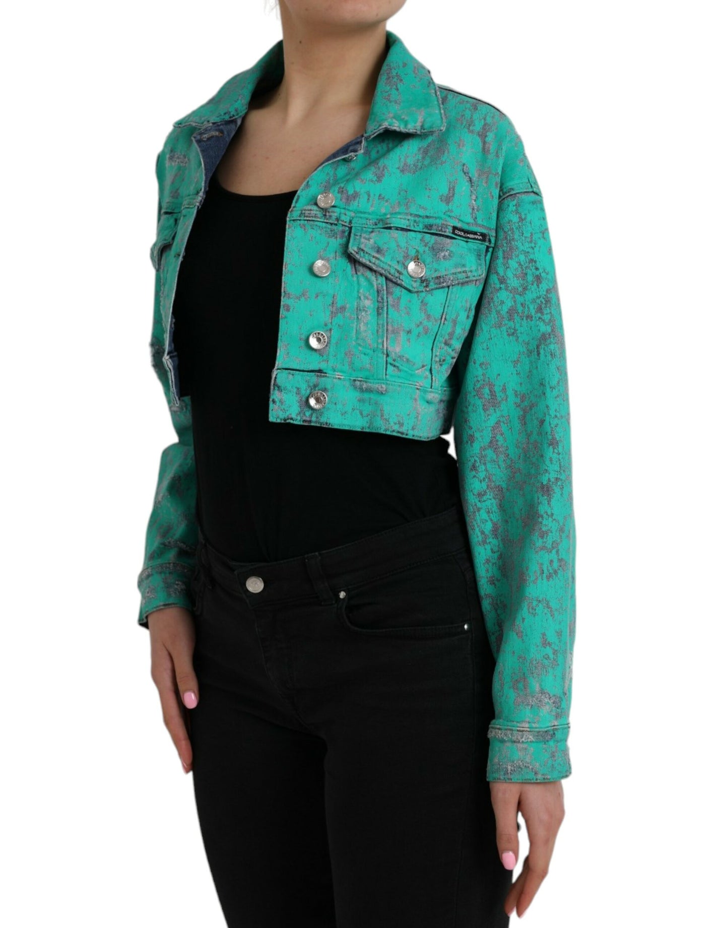 - Green Cotton Tie Dye Cropped Cropped Denim Jacket