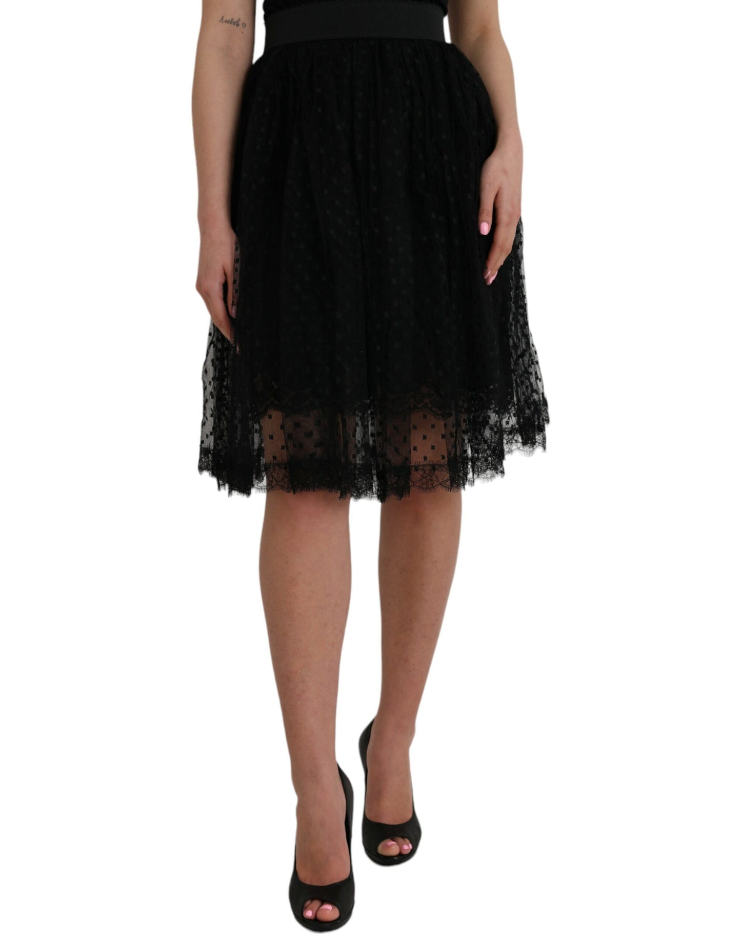 - Black Nylon Lace Trim High Waist A-line Skirt