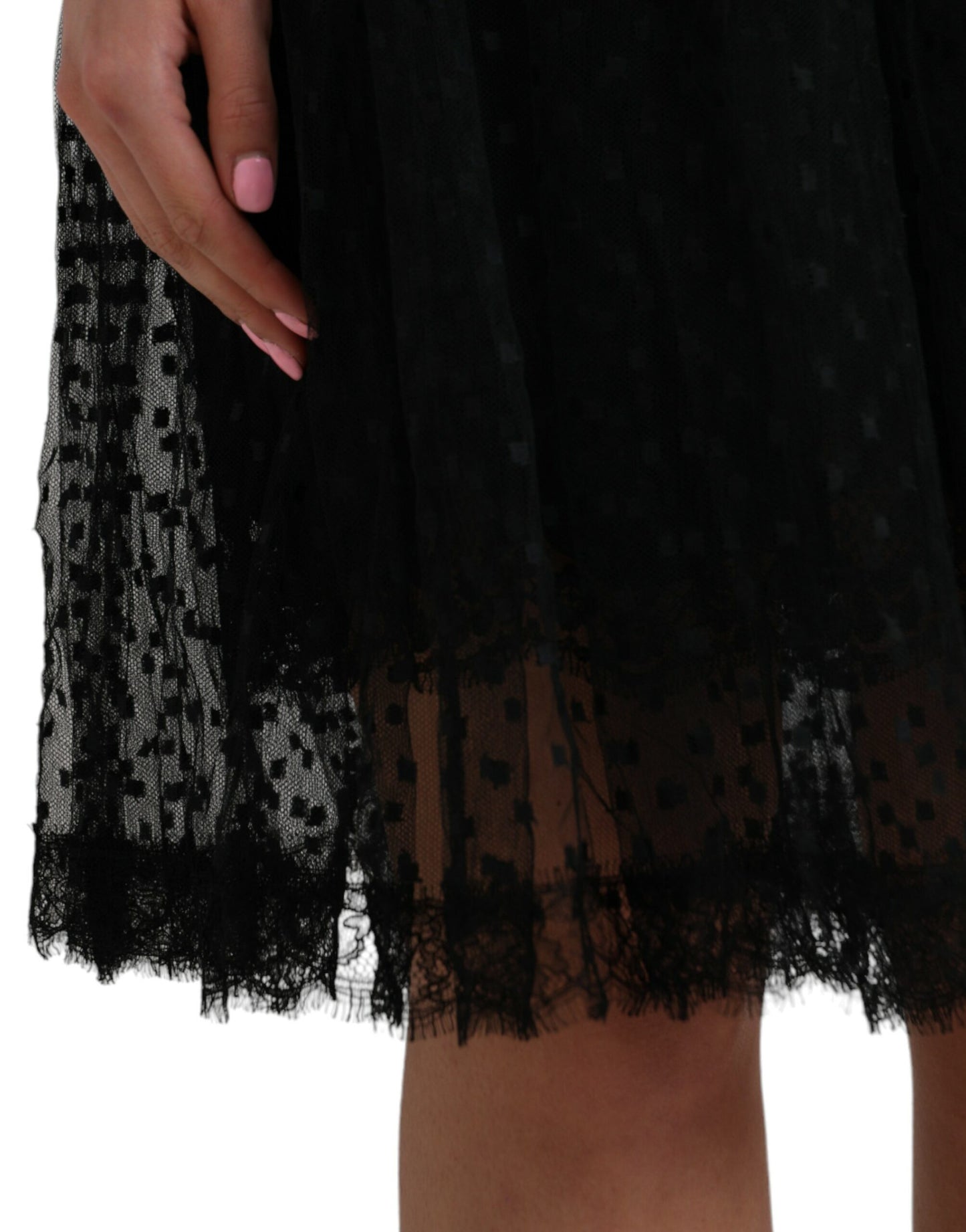 - Black Nylon Lace Trim High Waist A-line Skirt