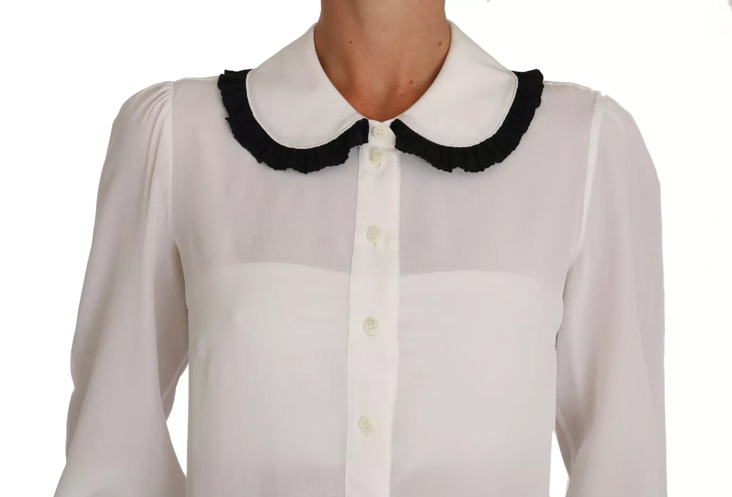 - White Silk Shirt Ruffle Rouded Collar Blouse