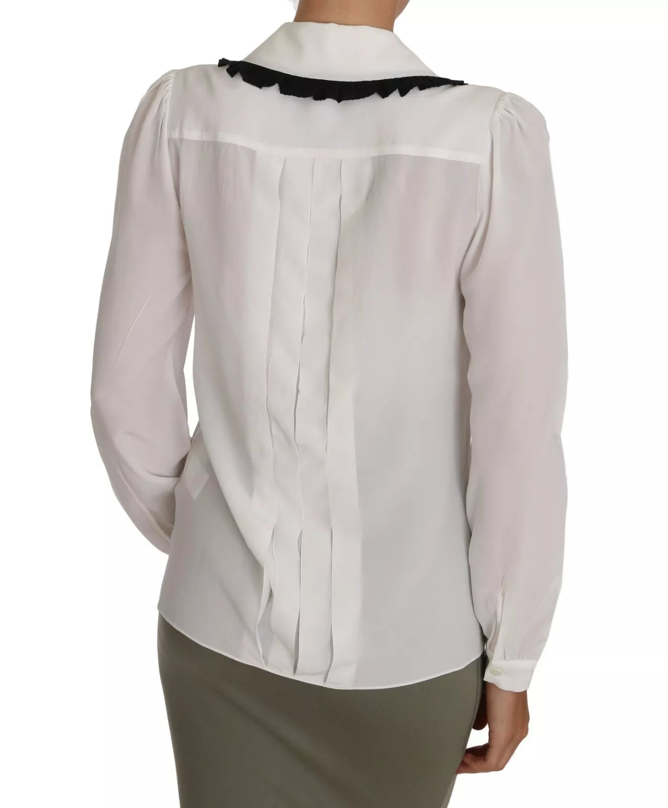 - White Silk Shirt Ruffle Rouded Collar Blouse