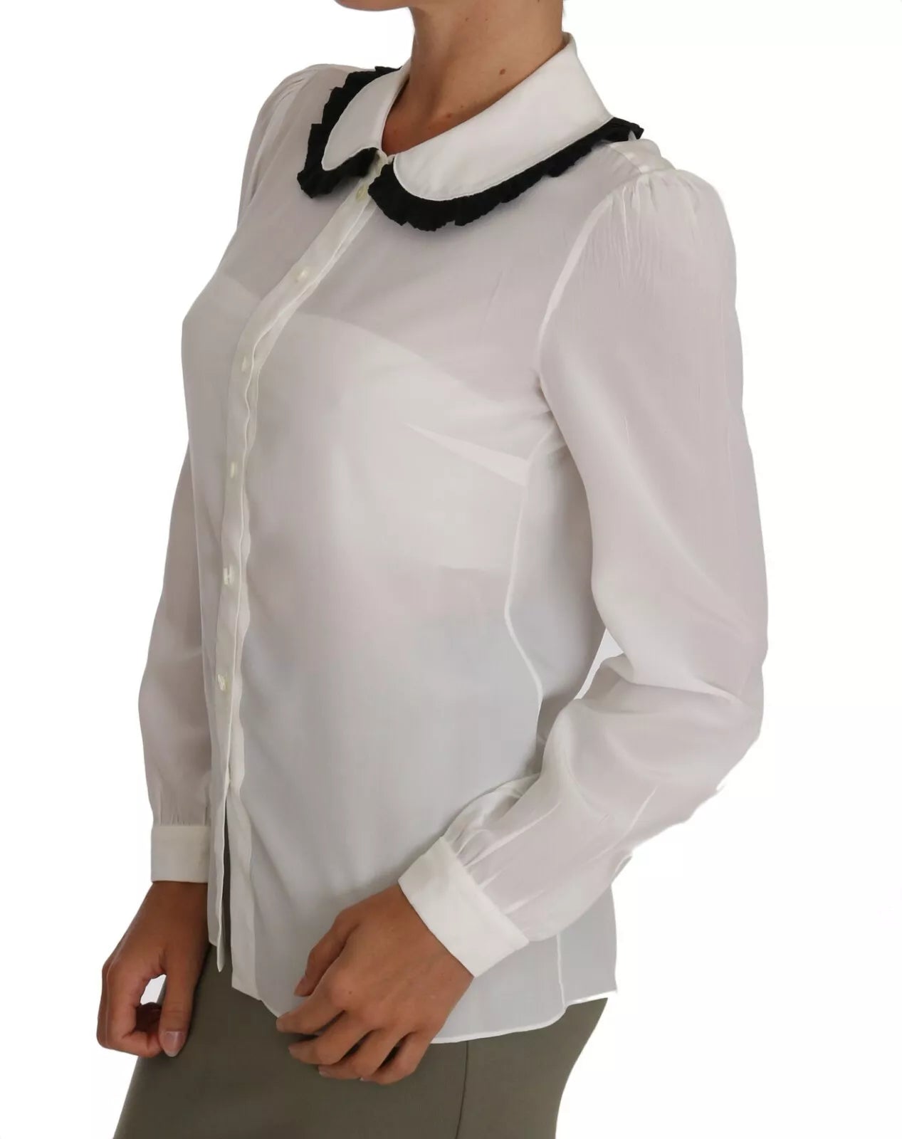 - White Silk Shirt Ruffle Rouded Collar Blouse