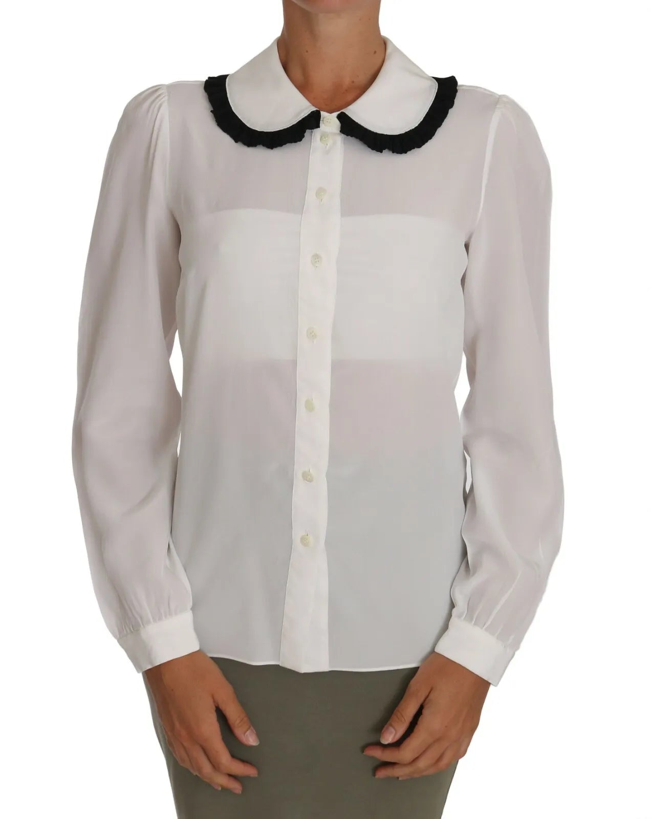 - White Silk Shirt Ruffle Rouded Collar Blouse