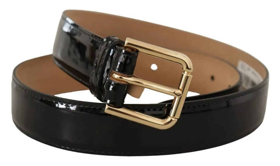 - Black Leather Gold Metal Logo Engraved Buckle Belt