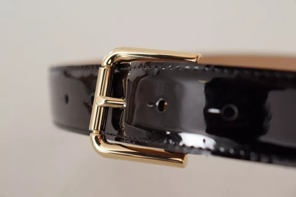- Black Leather Gold Metal Logo Engraved Buckle Belt