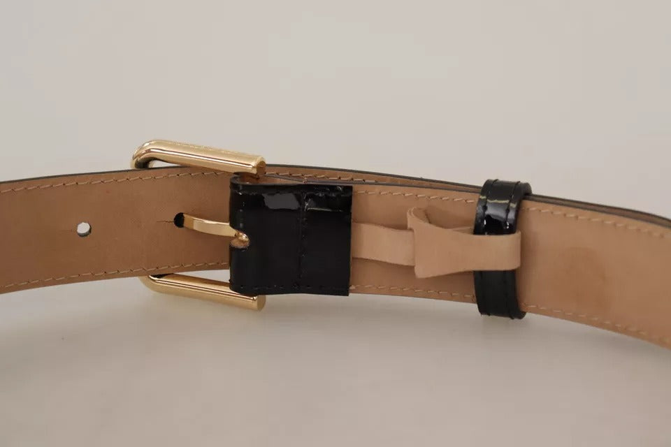 - Black Leather Gold Metal Logo Engraved Buckle Belt