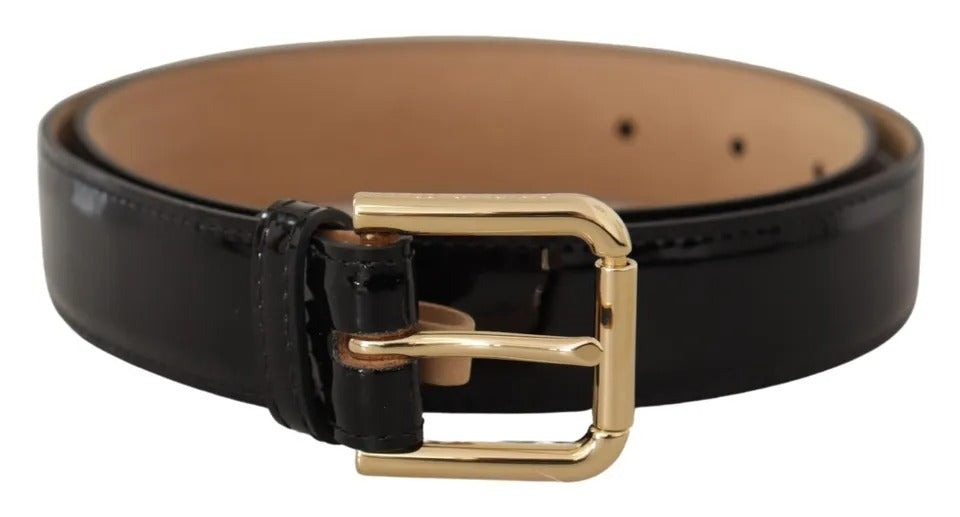 - Black Leather Gold Metal Logo Engraved Buckle Belt