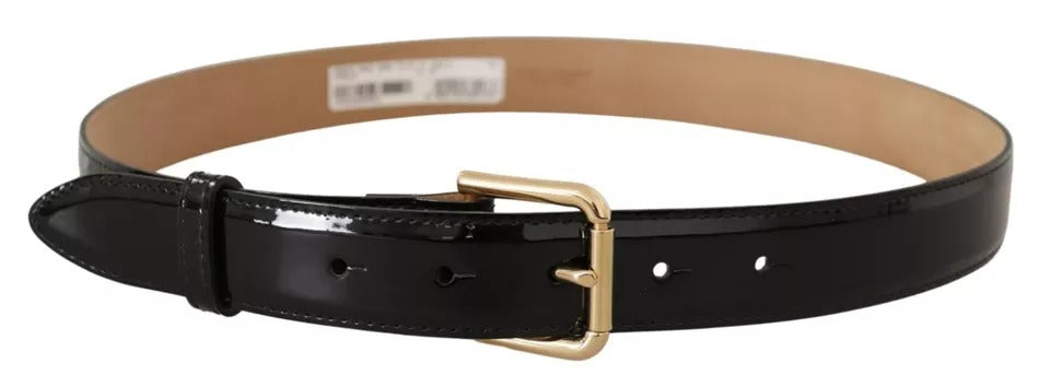 - Black Leather Gold Metal Logo Engraved Buckle Belt