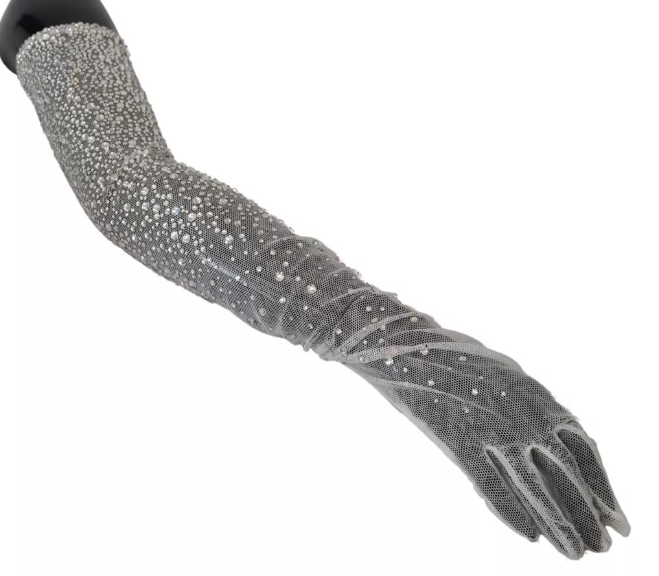 - White Crystal Elbow Length Cotton Tulle Gloves