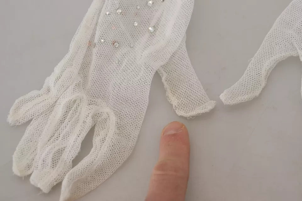- White Crystal Elbow Length Cotton Tulle Gloves