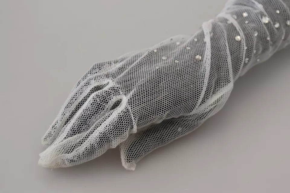 - White Crystal Elbow Length Cotton Tulle Gloves