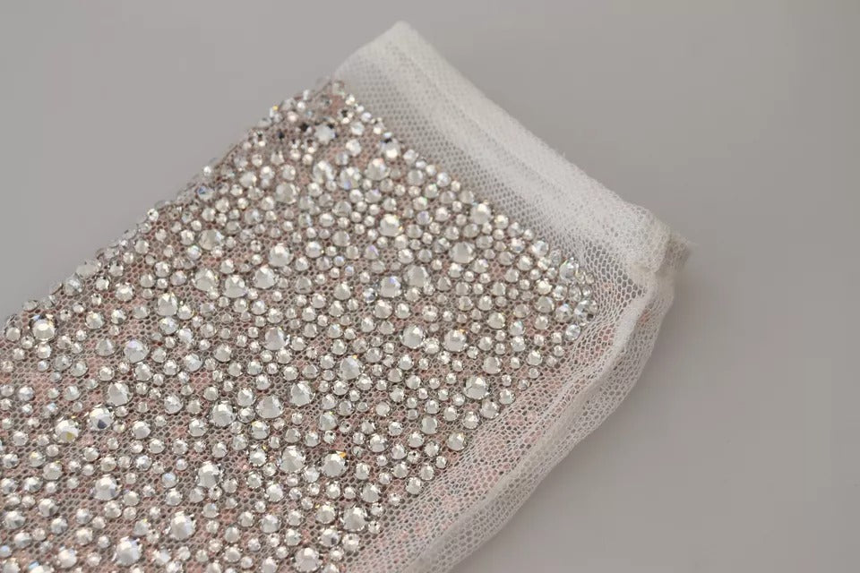 - White Crystal Elbow Length Cotton Tulle Gloves