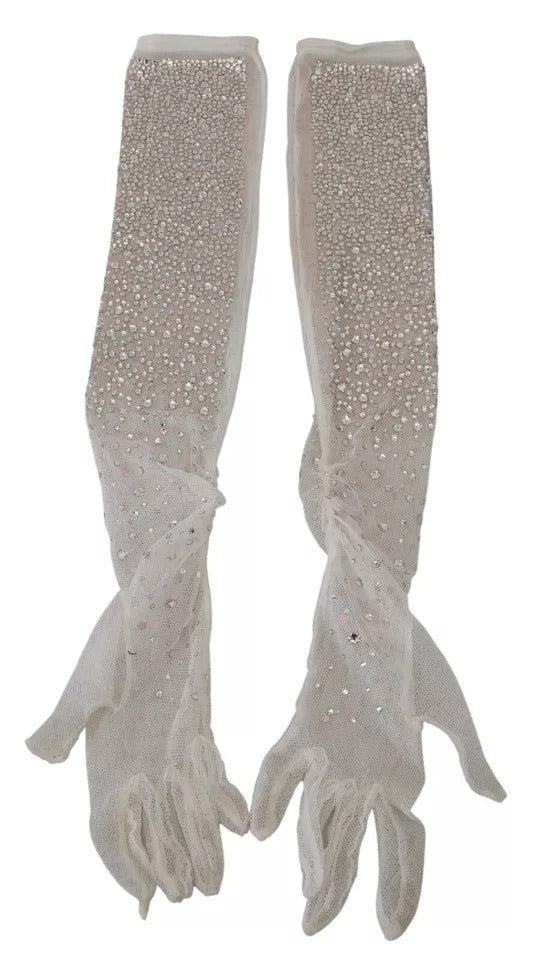 - White Crystal Elbow Length Cotton Tulle Gloves