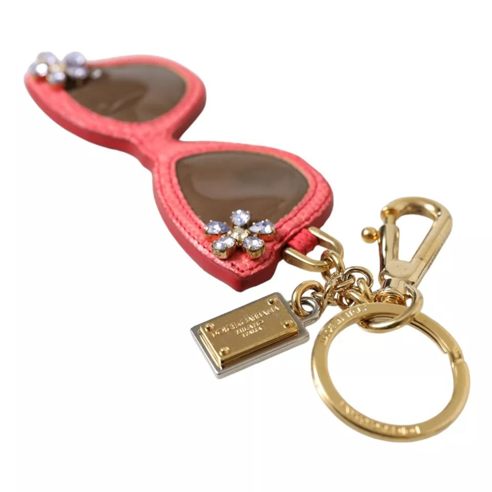 - Red Leather Crystal Sunglasses Gold Metal Keyring Keychain