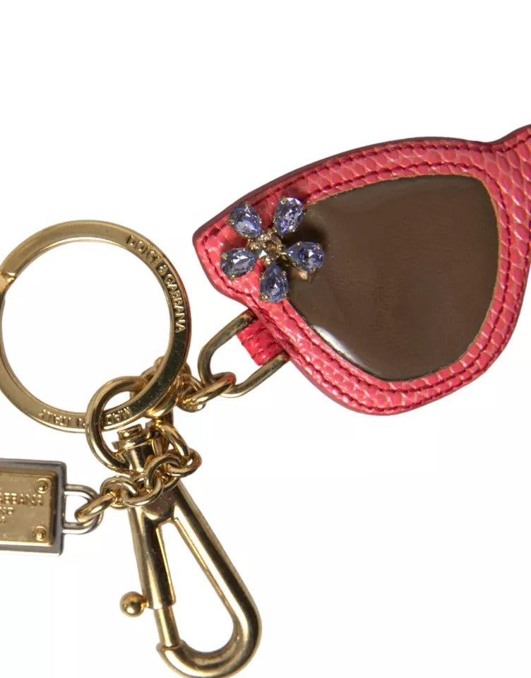 - Red Leather Crystal Sunglasses Gold Metal Keyring Keychain