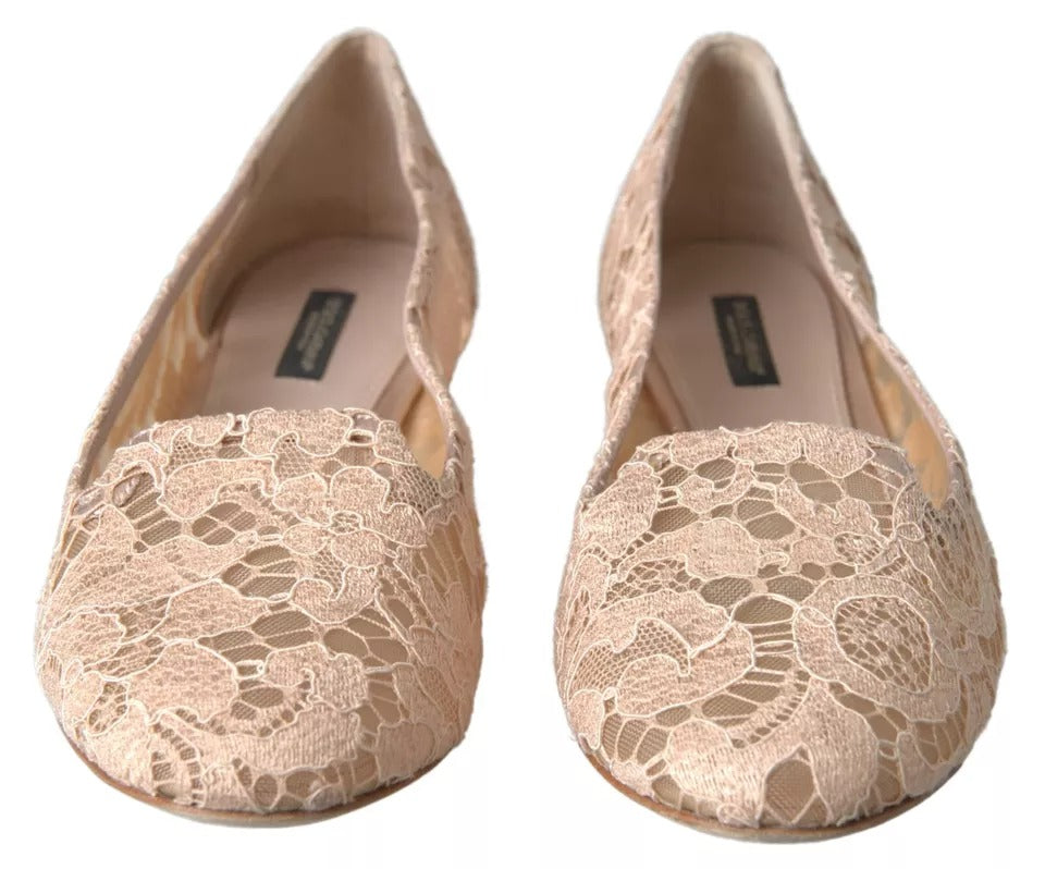 - Beige Floral Lace Loafers Flats Shoes