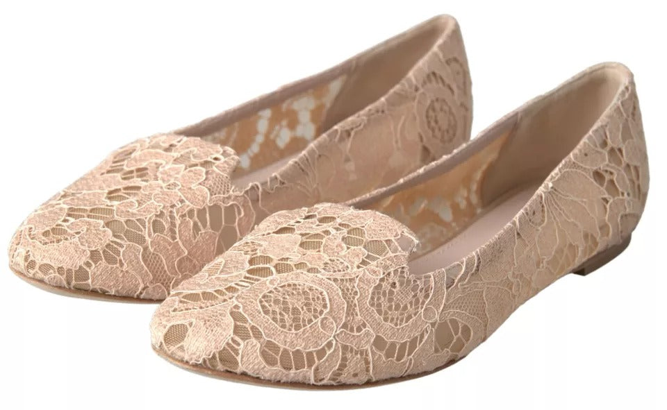 - Beige Floral Lace Loafers Flats Shoes