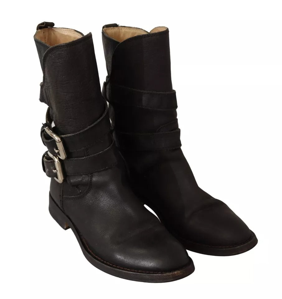 - Black Leather Buckle Mid Calf Boots Shoes