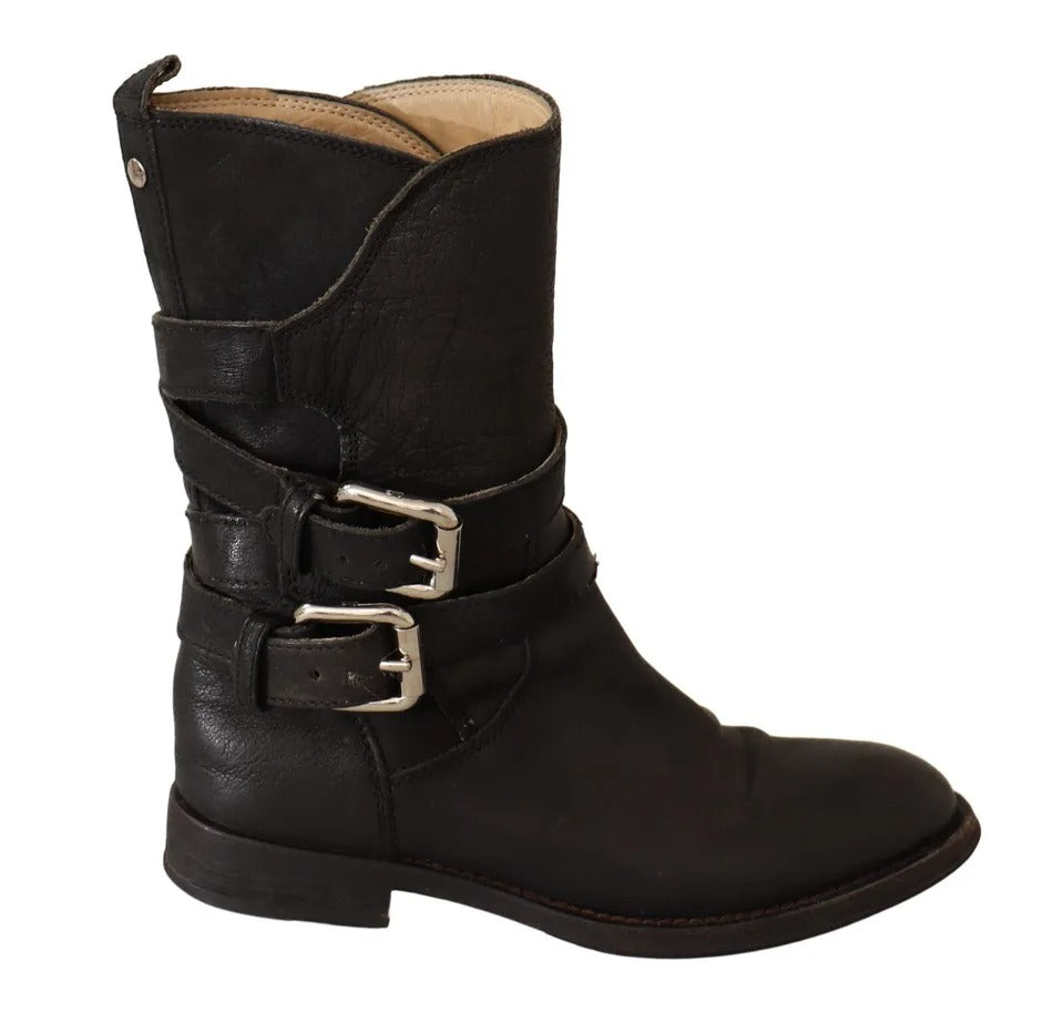 - Black Leather Buckle Mid Calf Boots Shoes