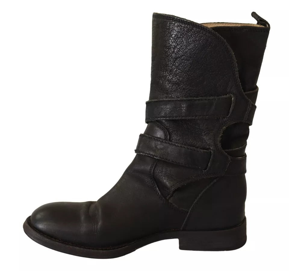 - Black Leather Buckle Mid Calf Boots Shoes