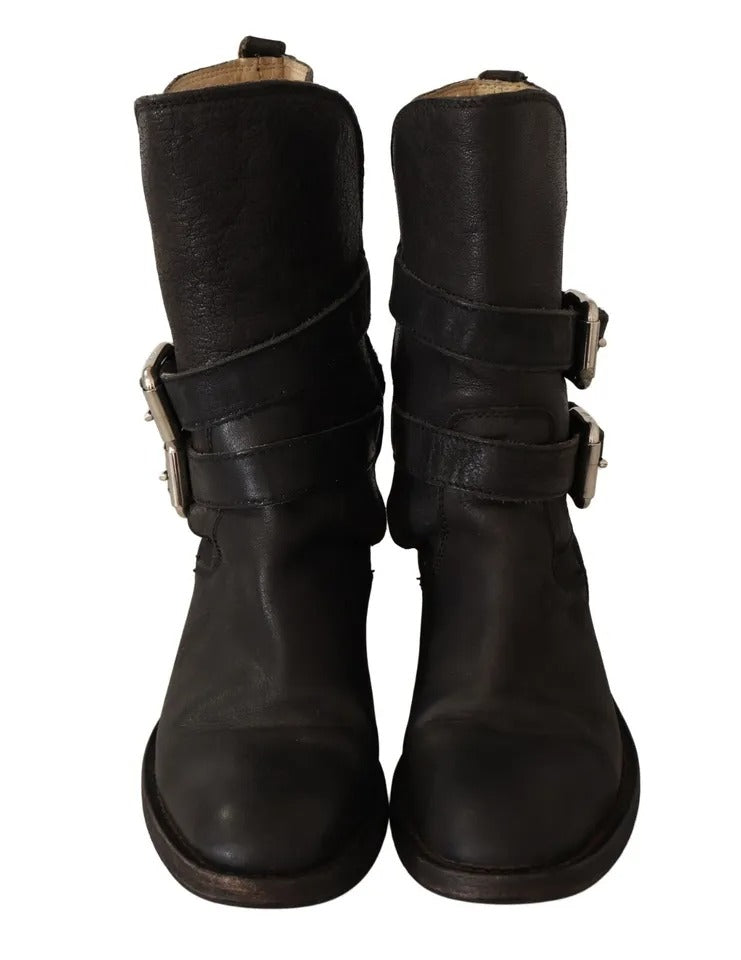 - Black Leather Buckle Mid Calf Boots Shoes