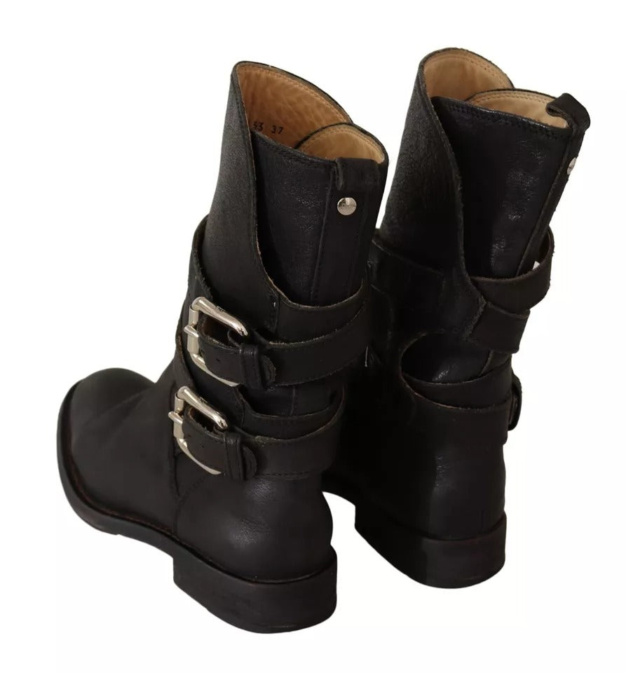 - Black Leather Buckle Mid Calf Boots Shoes
