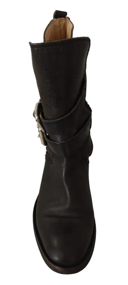 - Black Leather Buckle Mid Calf Boots Shoes