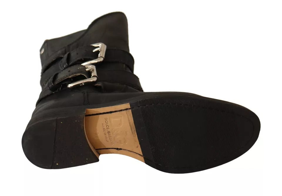 - Black Leather Buckle Mid Calf Boots Shoes