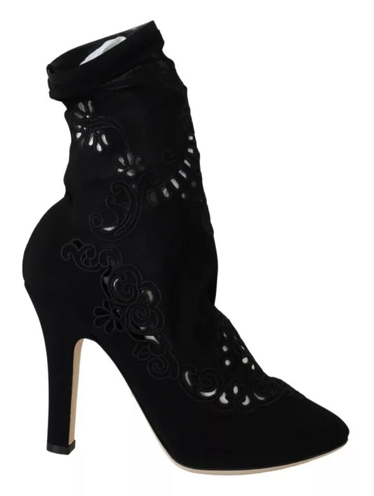 Dolce & Gabbana Black Stretch Floral Lace Boots