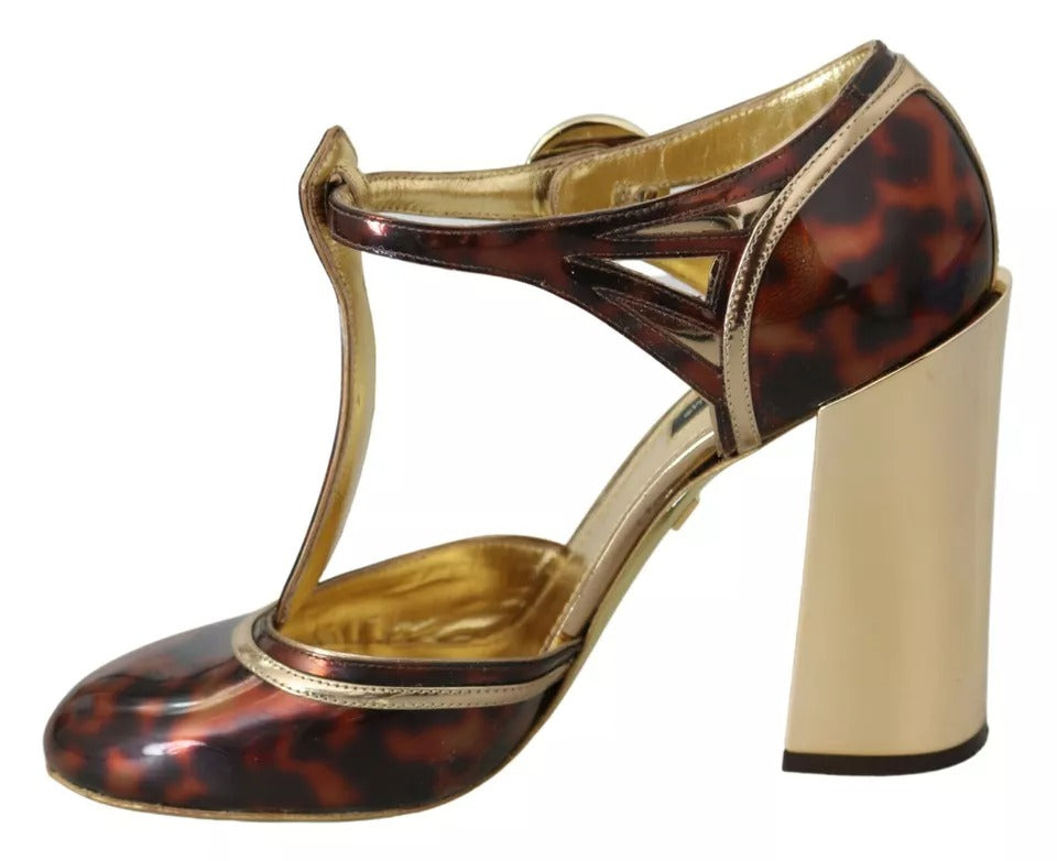 - Gold Leopard T-strap Pumps Sandals Shoes