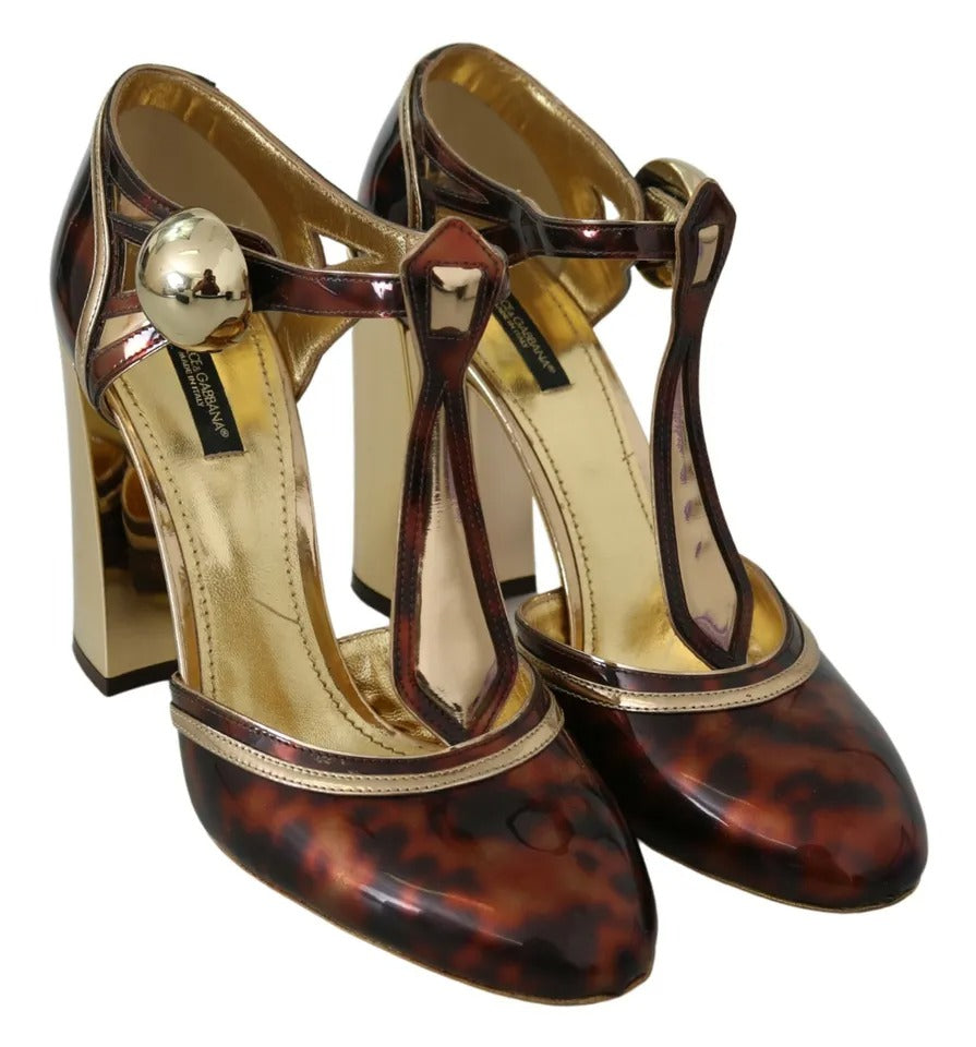 - Gold Leopard T-strap Pumps Sandals Shoes