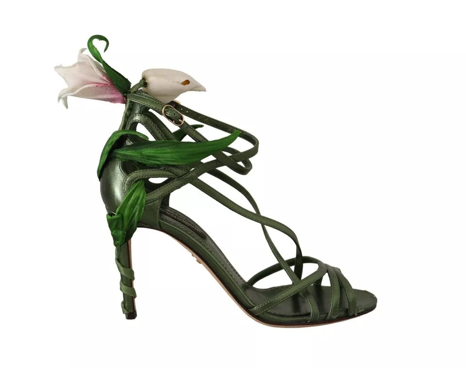 - Acid Green Leather Strappy Flower Heels Sandals Shoes