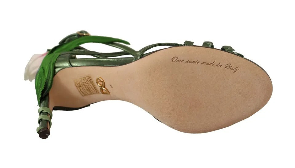 - Acid Green Leather Strappy Flower Heels Sandals Shoes