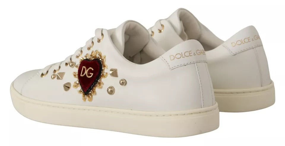Dolce & Gabbana White Leather Gold Red Heart Sneakers
