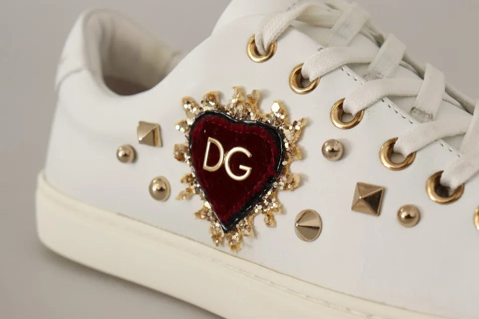 Dolce & Gabbana White Leather Gold Red Heart Sneakers