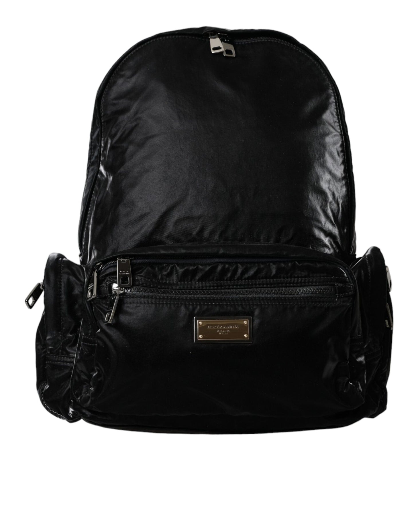 - Black Patent Leather Logo Plaque Backpack Bag