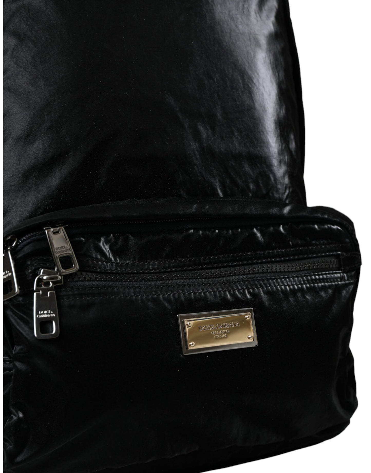 - Black Patent Leather Logo Plaque Backpack Bag