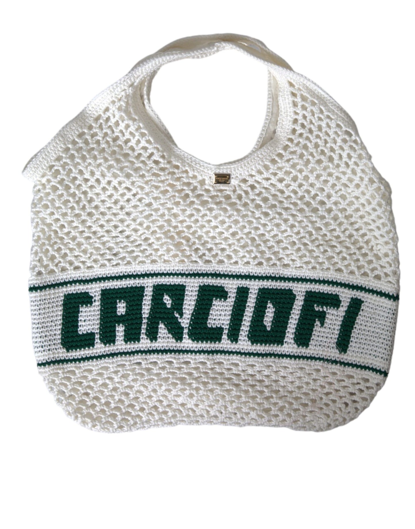 - White Green Knitted Cotton Logo Shopping Tote Bag