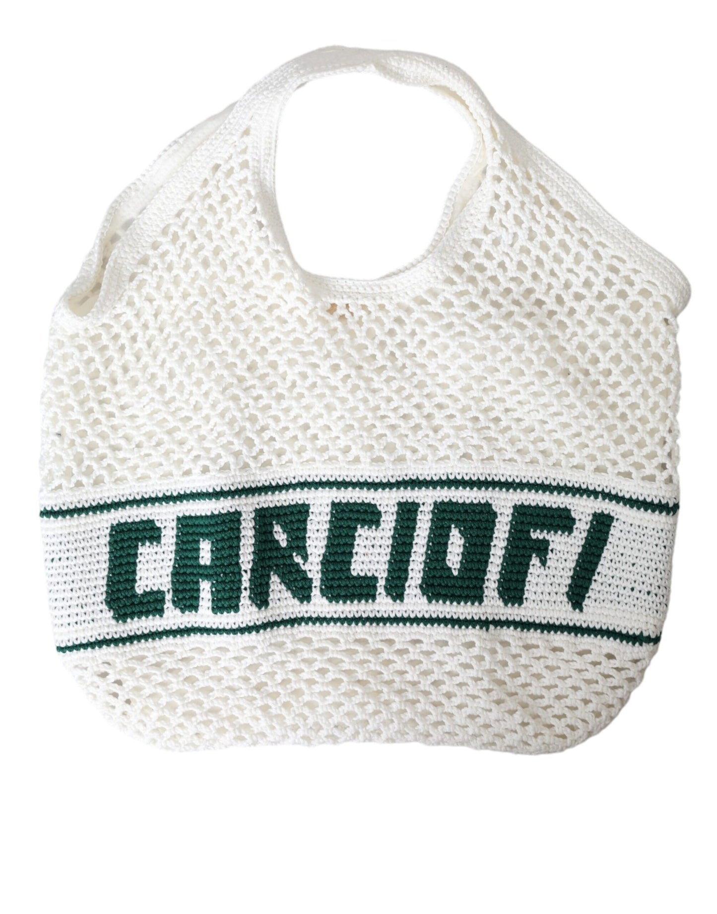 - White Green Knitted Cotton Logo Shopping Tote Bag