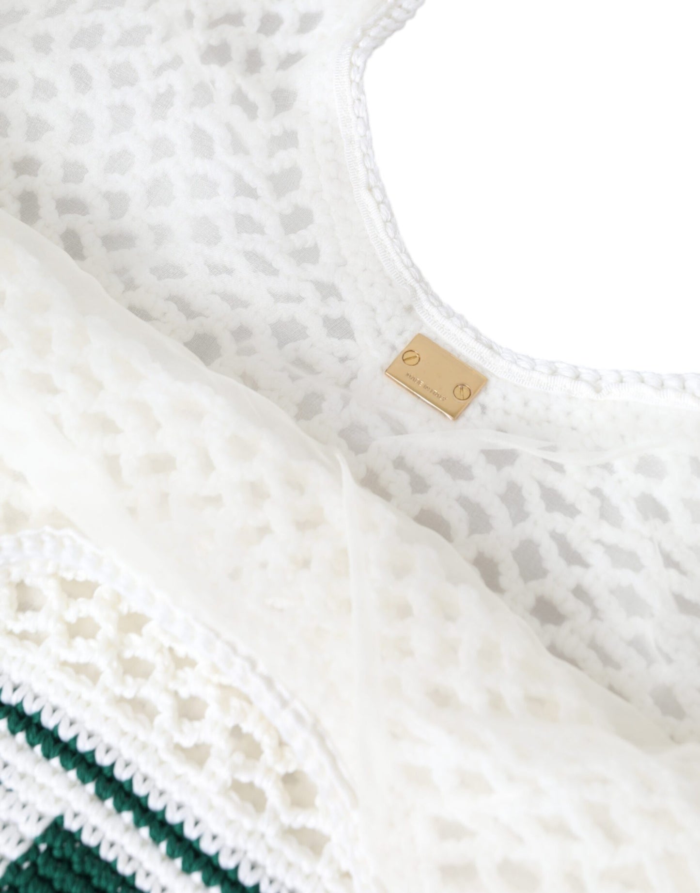 - White Green Knitted Cotton Logo Shopping Tote Bag