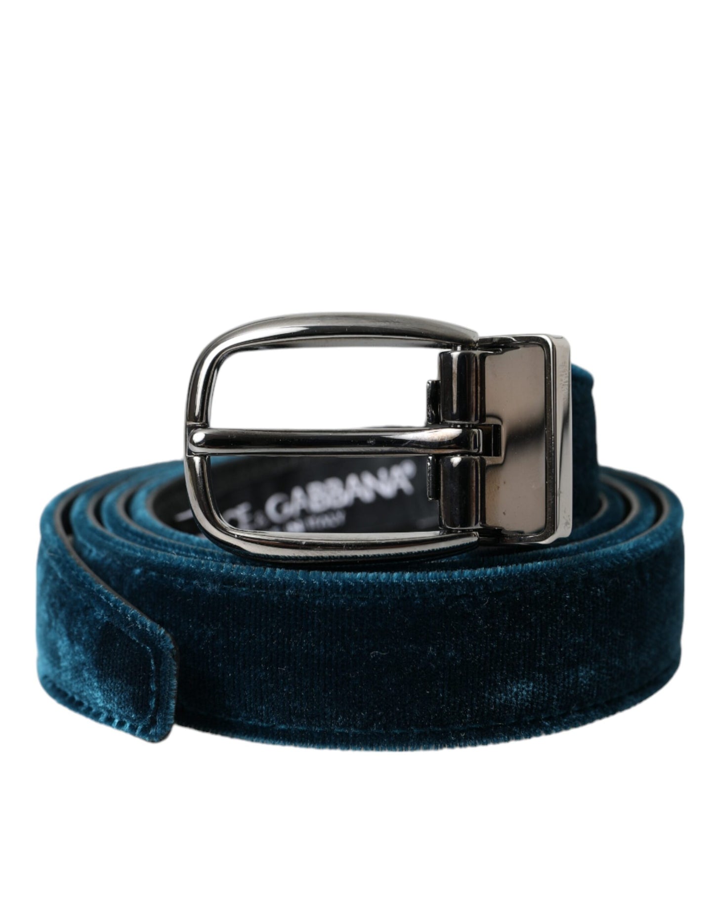 - Blue Velvet Leather Silver Metal Buckle Belt