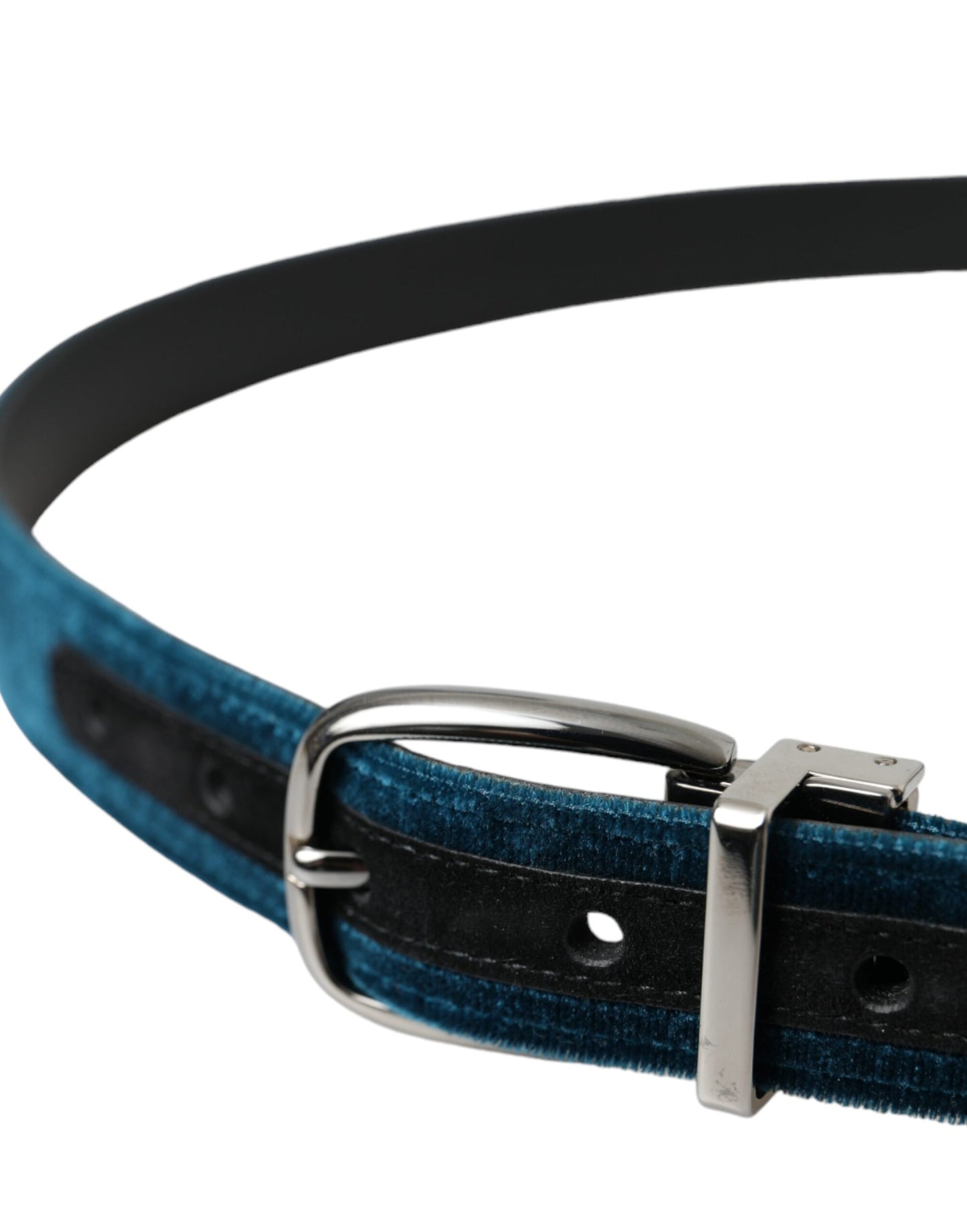 - Blue Velvet Leather Silver Metal Buckle Belt