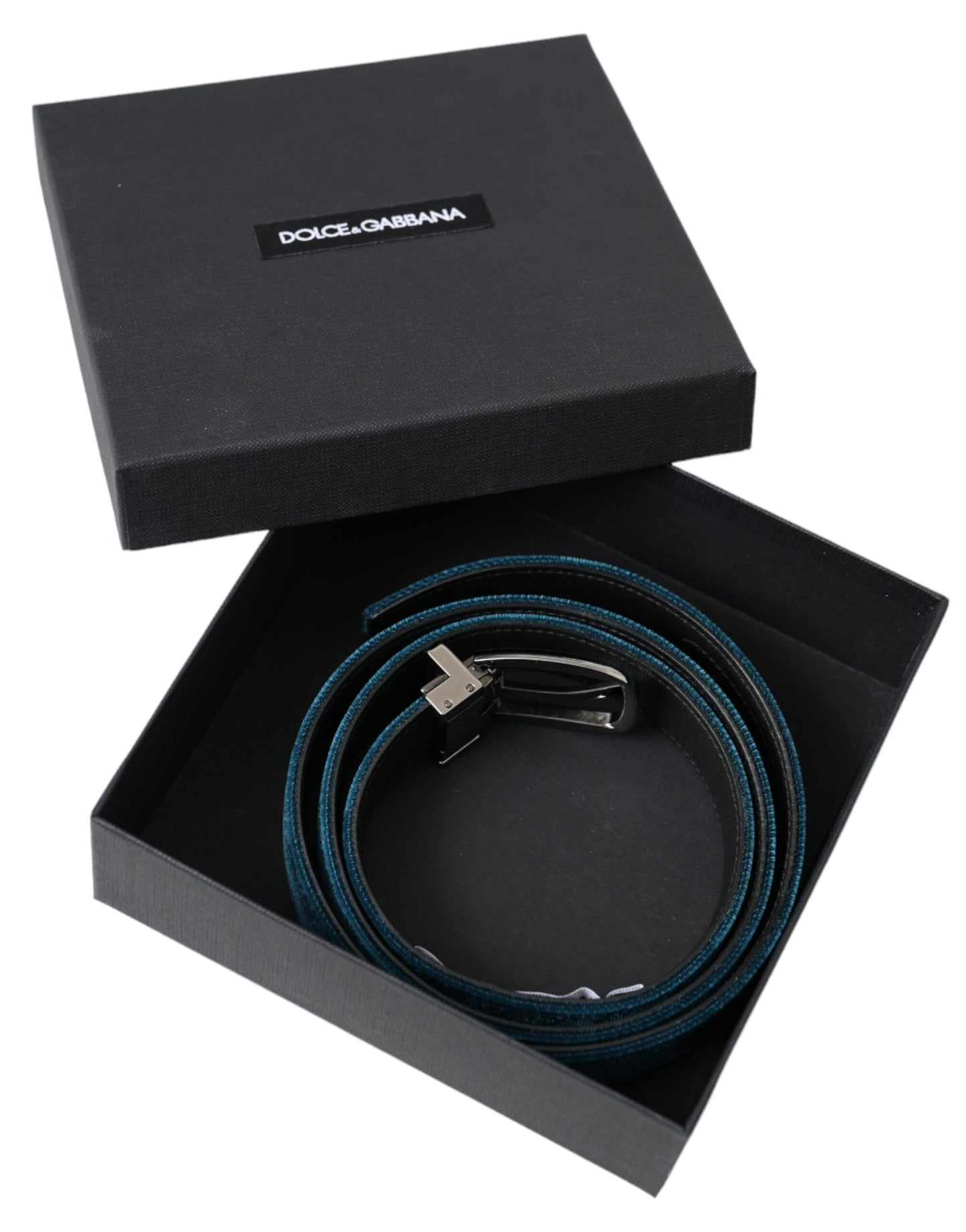 - Blue Velvet Leather Silver Metal Buckle Belt